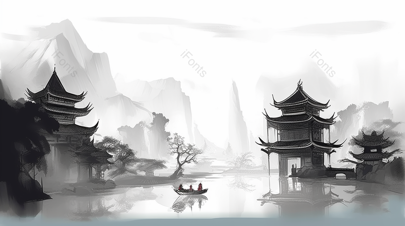湖泊河流船只黑白中国风古建筑水墨场景插画,插画/手绘图,插画/手绘图库,插画/手绘图下载,插画/手绘